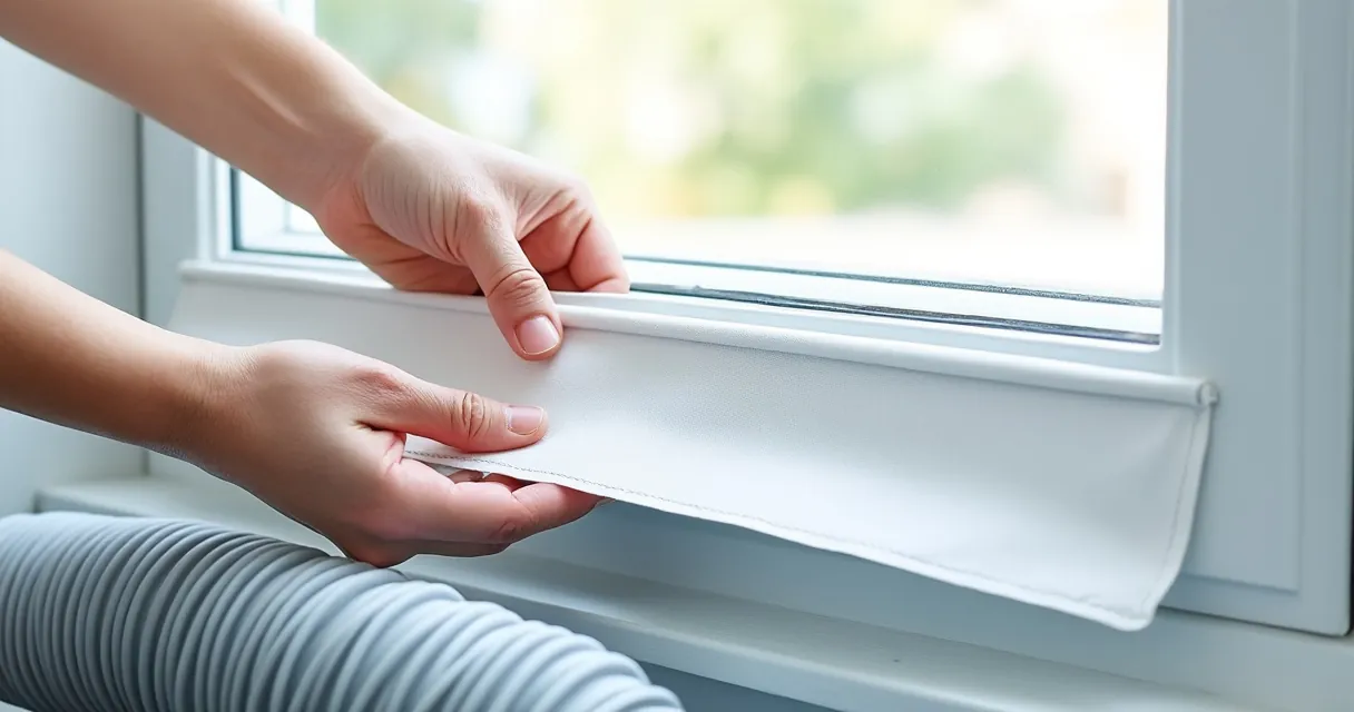 Zwei Hände drücken eine weiße Stoffabdichtung mit Klettband an den Rahmen eines gekippten Fensters, der Abluftschlauch liegt auf der Fensterbank bereit