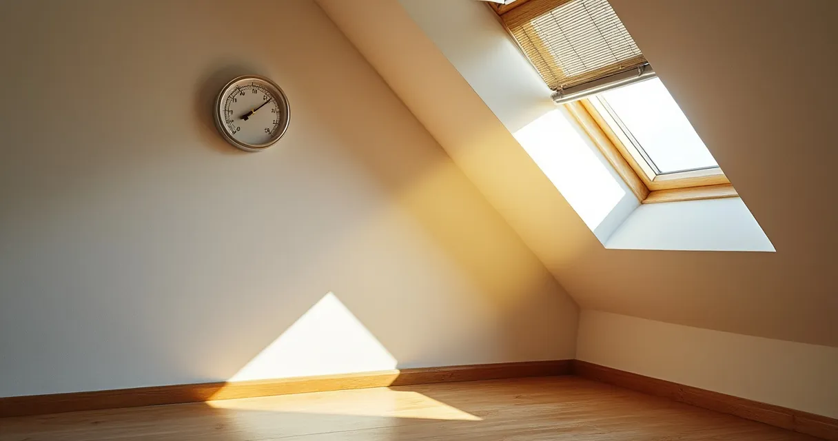 Leerer Raum unter einer Dachschräge mit Dachfenster und halb geschlossenem Rollo, ein Sonnenfleck liegt auf dem Holzboden, an der Wand eine Uhr