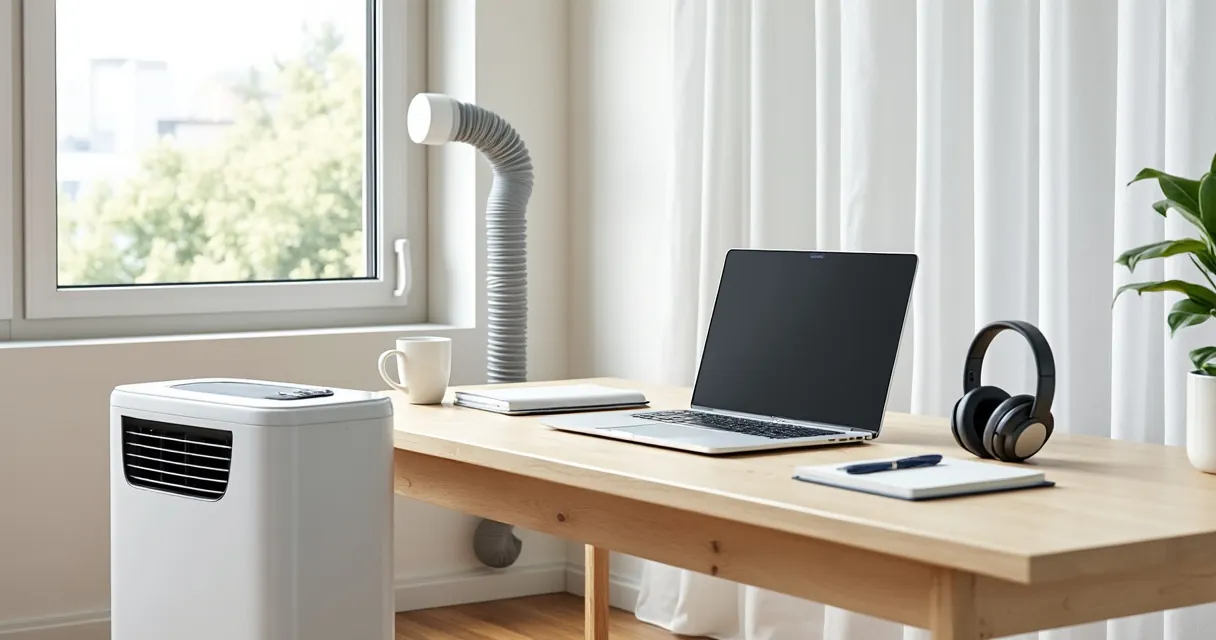 Heller Arbeitsplatz mit Holztisch, Laptop, Notizbuch und Kopfhörern; neben dem Tisch steht ein weißes mobiles Klimagerät, der Abluftschlauch führt nach oben zum Fenster