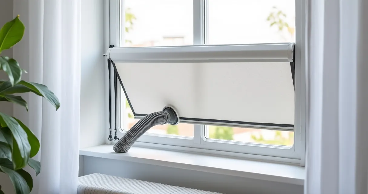 Gekipptes Fenster, dessen Öffnung mit einer weißen Stoffabdichtung verschlossen ist, der graue Abluftschlauch führt durch eine Öffnung in der Abdichtung nach draußen